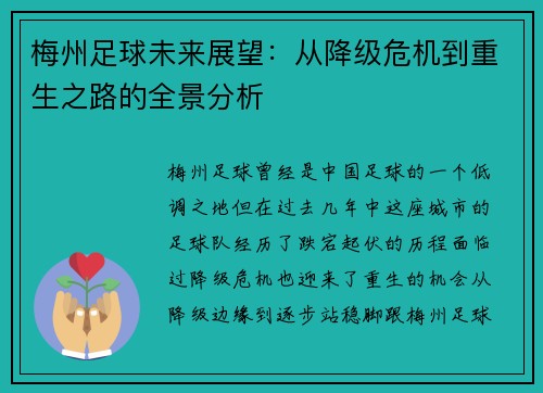 梅州足球未来展望：从降级危机到重生之路的全景分析