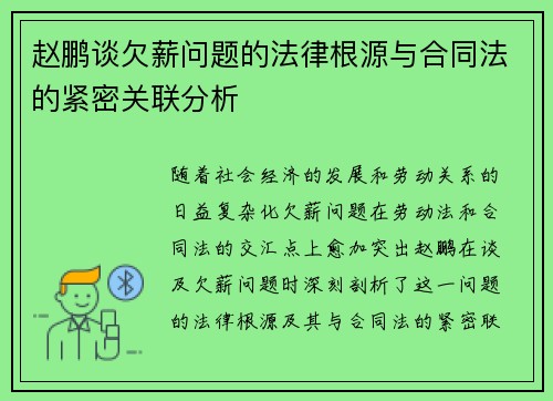 赵鹏谈欠薪问题的法律根源与合同法的紧密关联分析